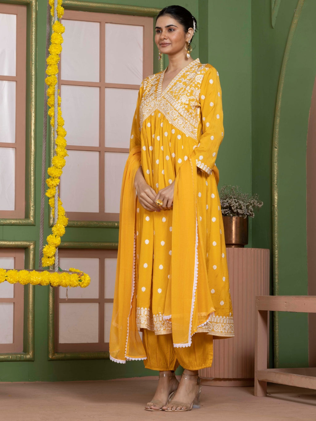 Sunlit Yellow Kashida Embroidered salwar kurta dupatta set