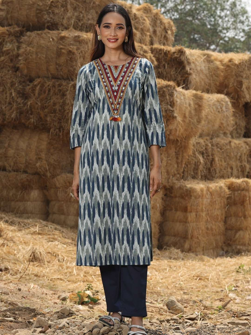 Navy Blue Neck Embroidery Cotton Kurta with Ikat Print