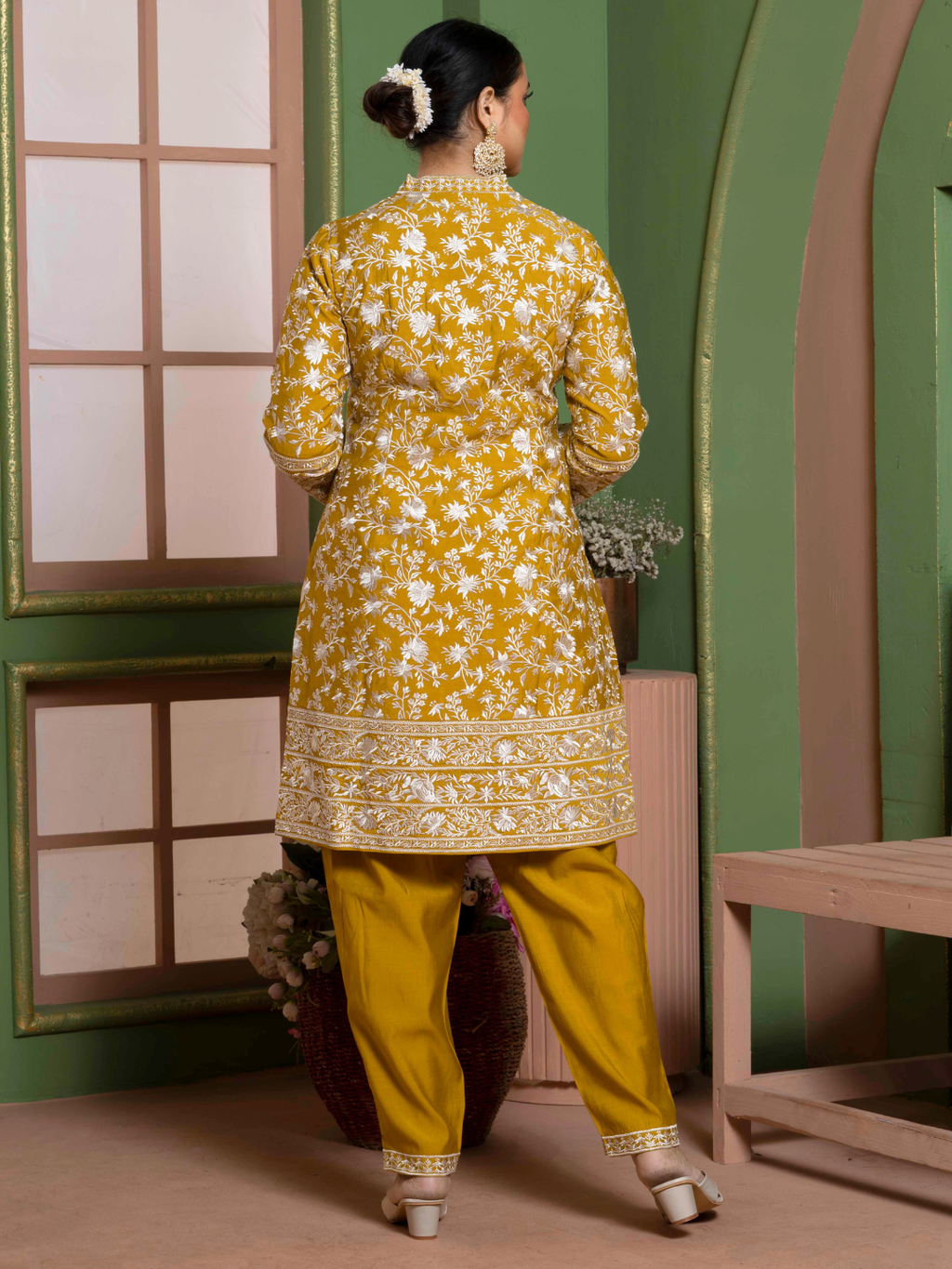 Marigold Yellow Parsi Gara Embroidery Kurta Set