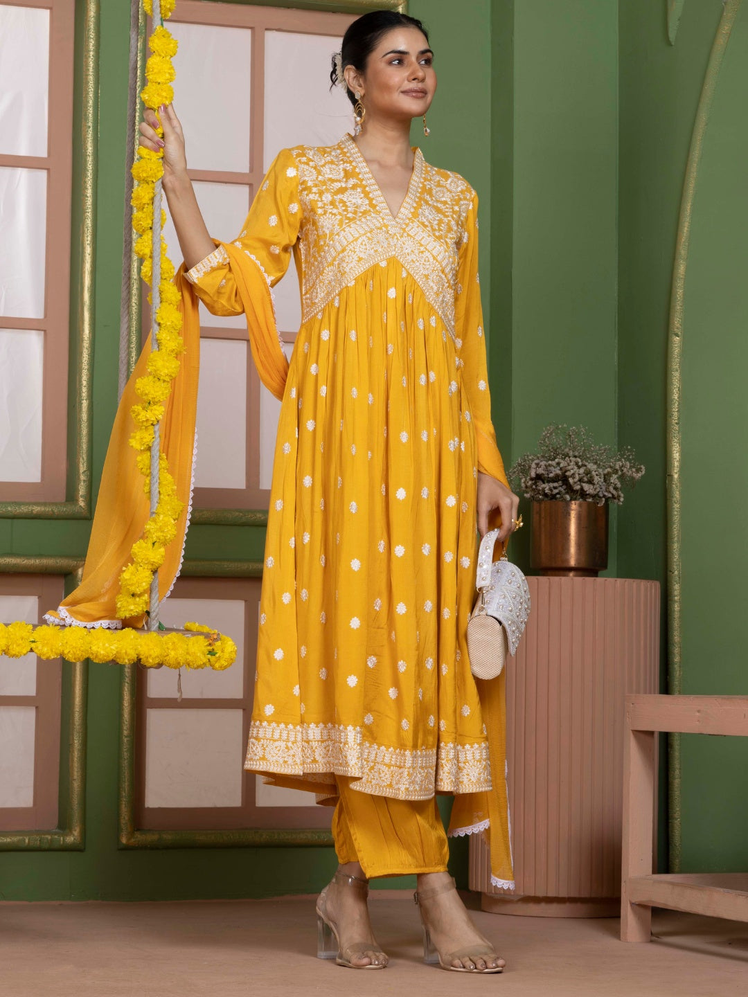 Sunlit Yellow Kashida Embroidered salwar kurta dupatta set