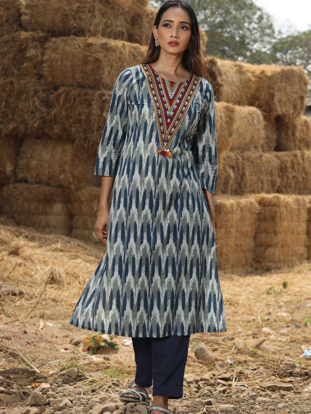 Navy Blue Neck Embroidery Cotton Kurta with Ikat Print