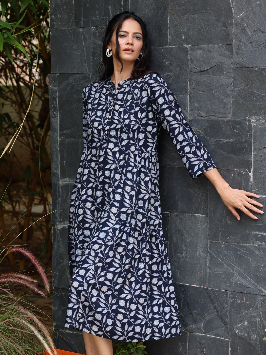 Navy Blue Tropical Print Rayon Dress with Side Gathers