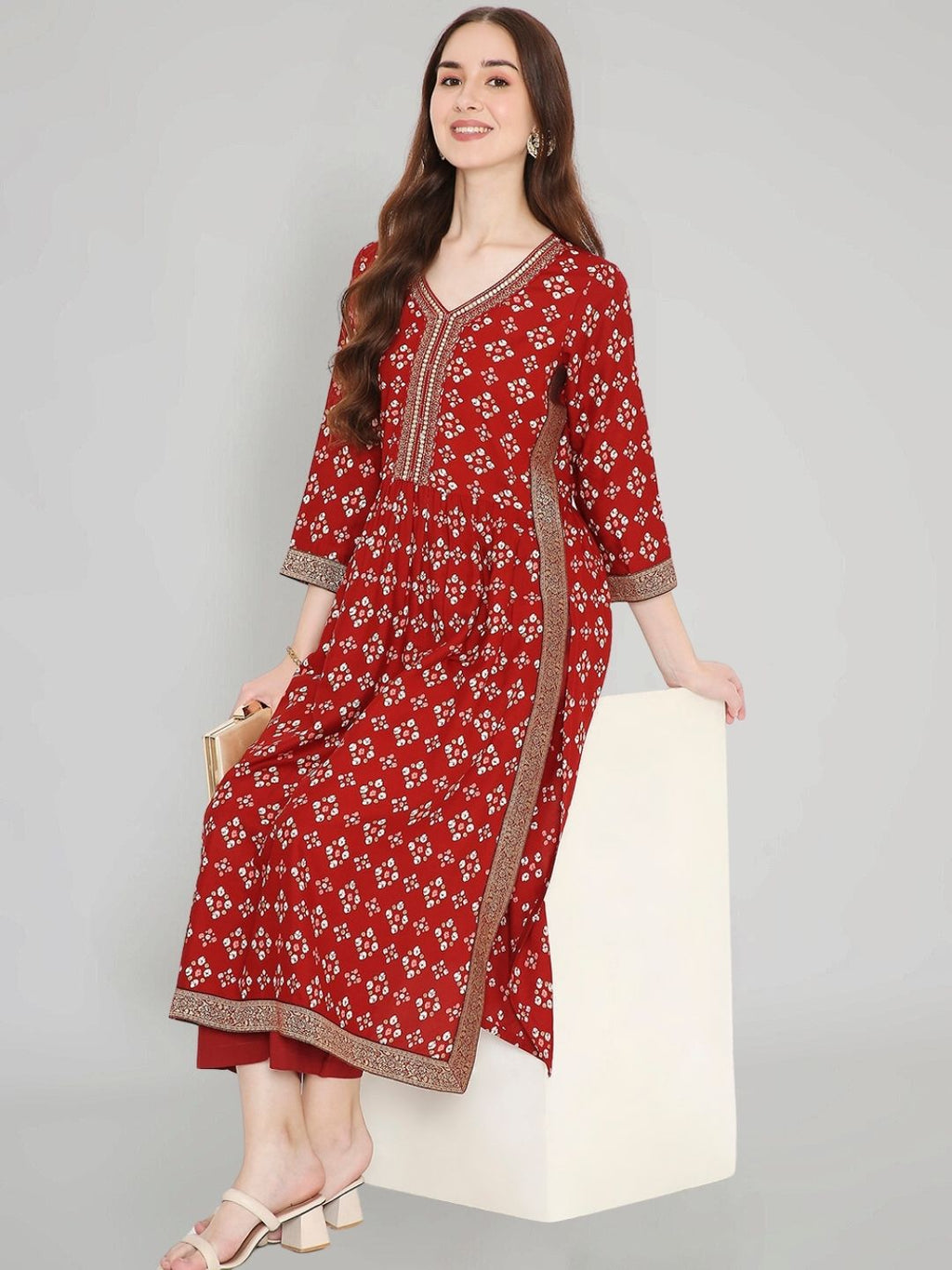 Maroon Bandhani Printed Kurta with Neck Embroidery and Brocade Lace