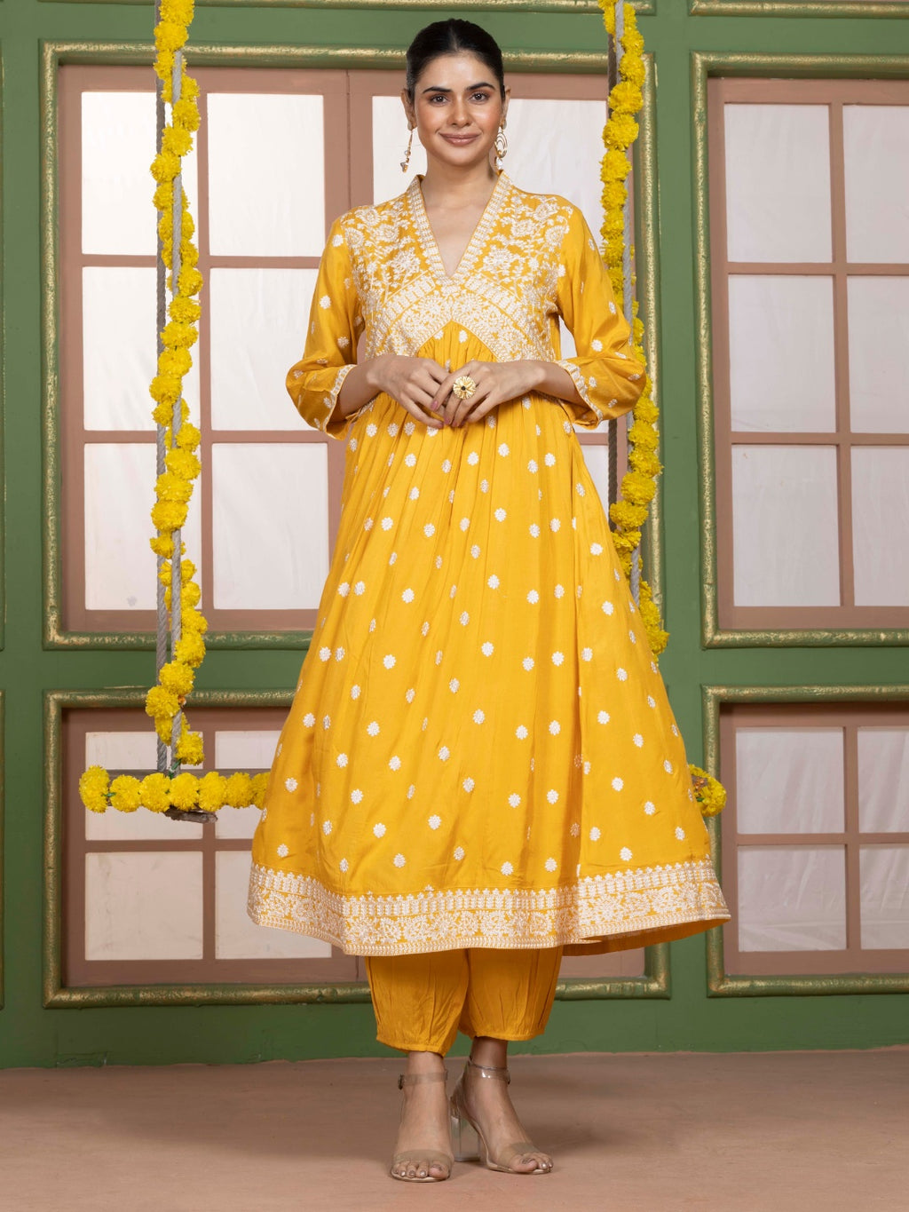 Sunlit Yellow Kashida Embroidered salwar kurta dupatta set