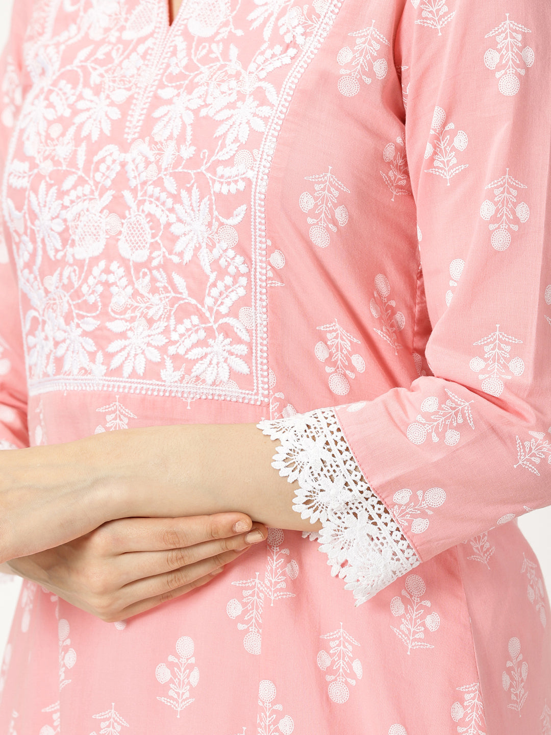 Pastel Pink Floral Print Cotton Kurta with Chikankari Embroidery