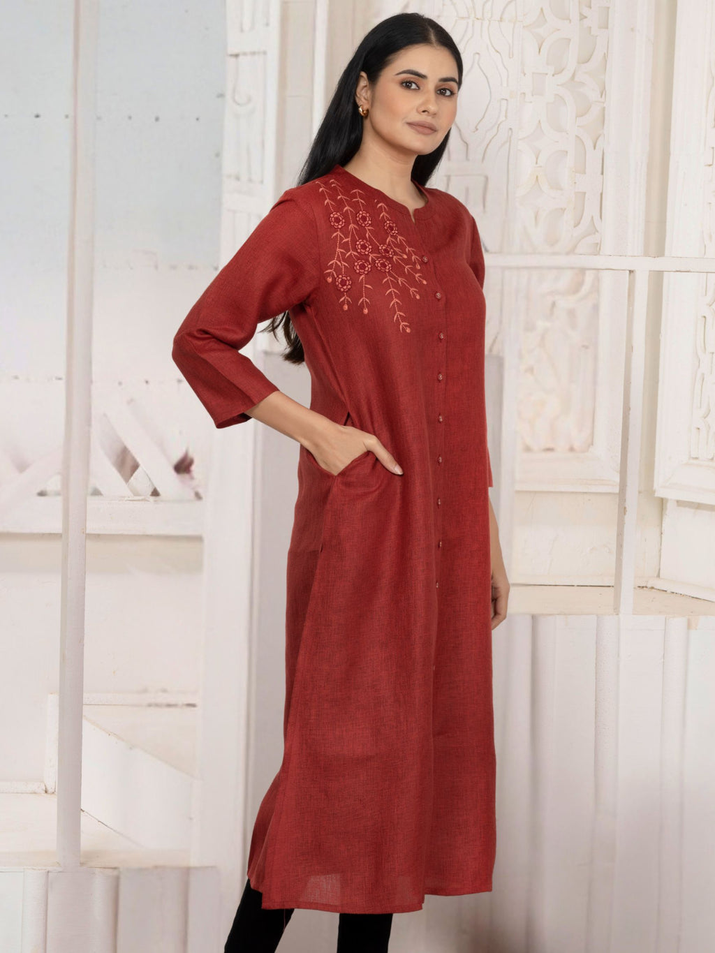 Auburn Red Vine-Trail Button-Down Kurta