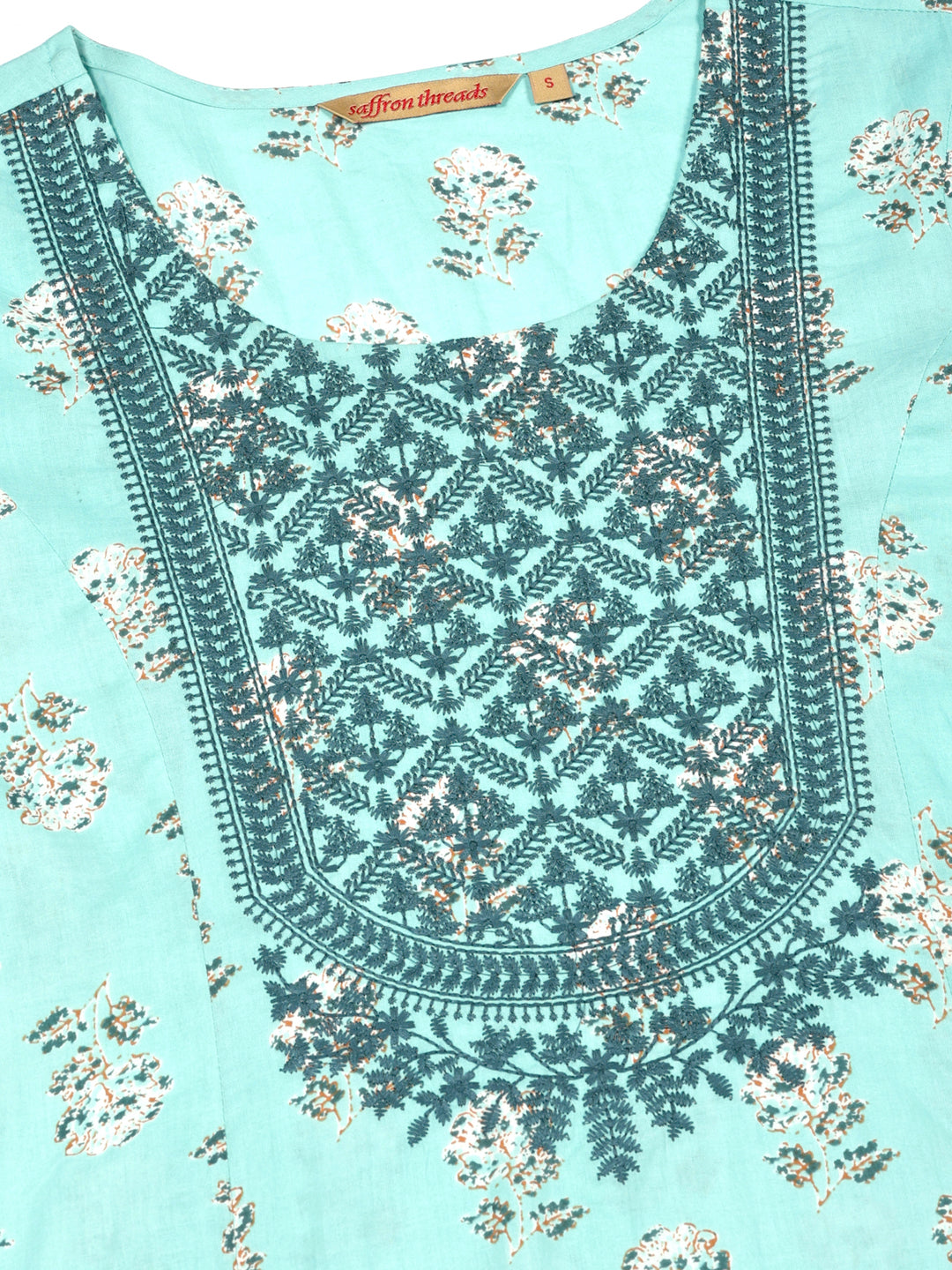 Turquoise Blue Floral Print Kurta with Yoke Embroidery