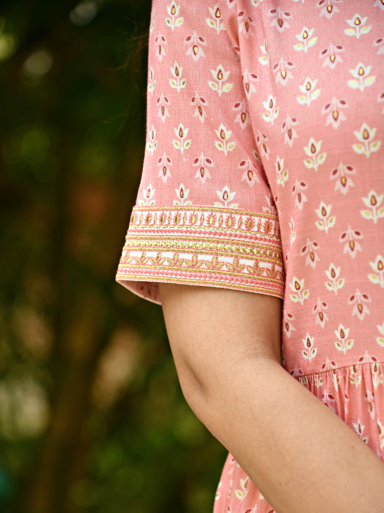 Peach Floral Print Rayon Kurta with Embroidery Border