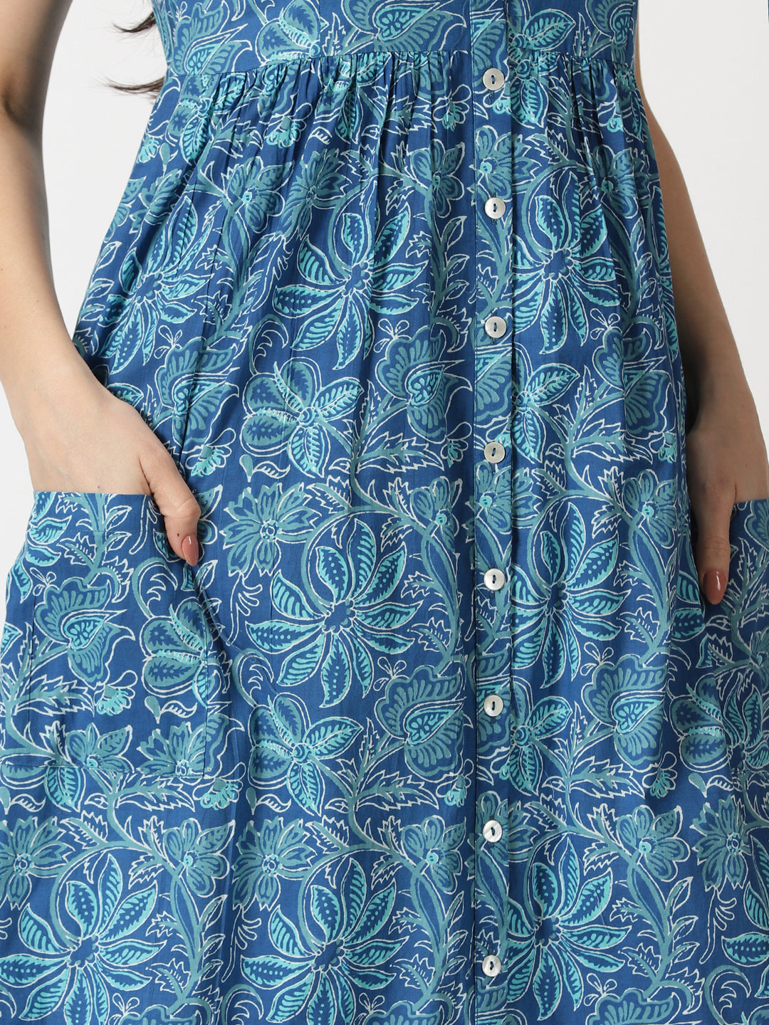 Blue Floral Print Cotton Strappy Midi Dress