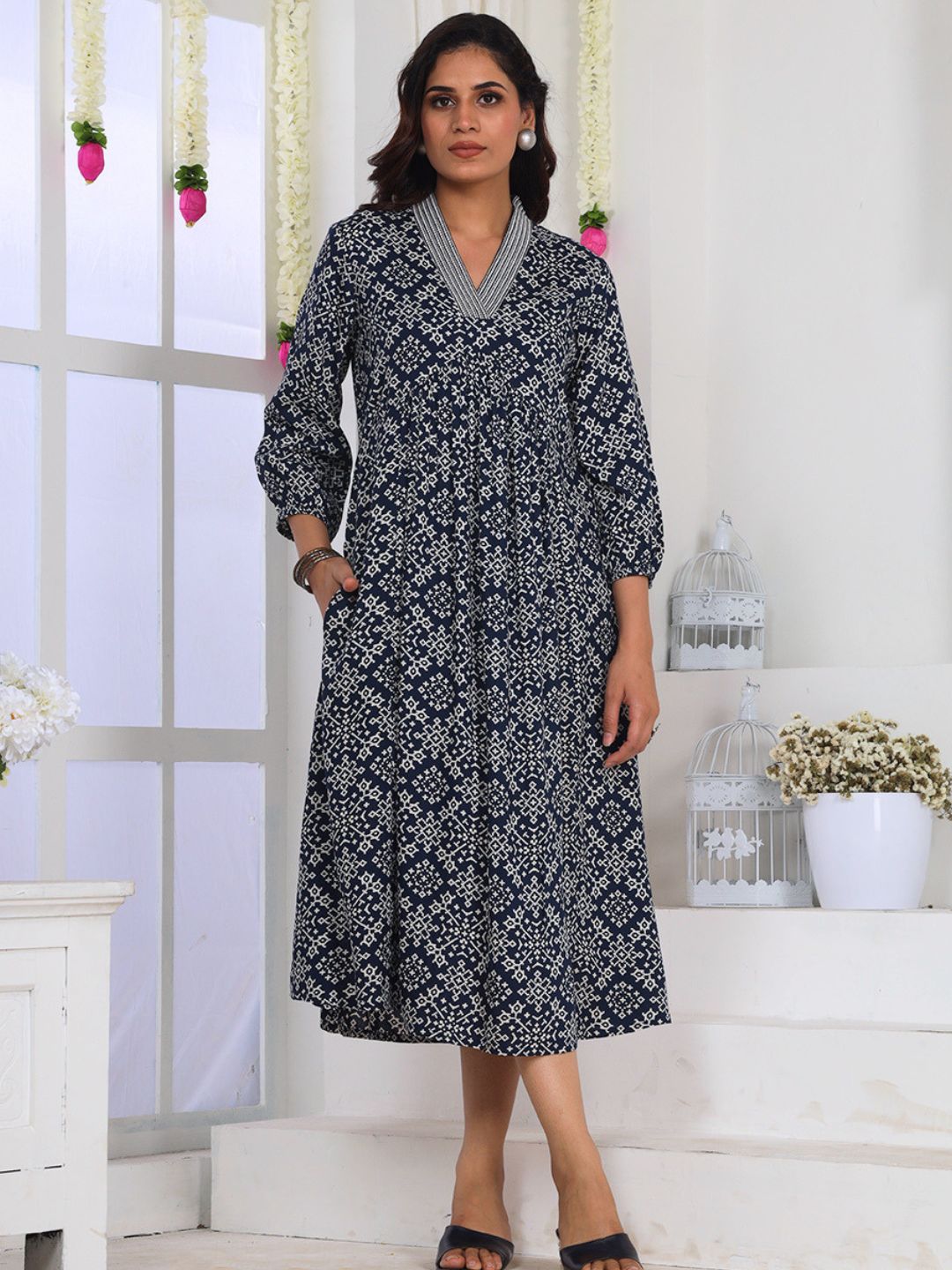 Navy Blue Printed A-Line Dress with Embroidery and Pockets