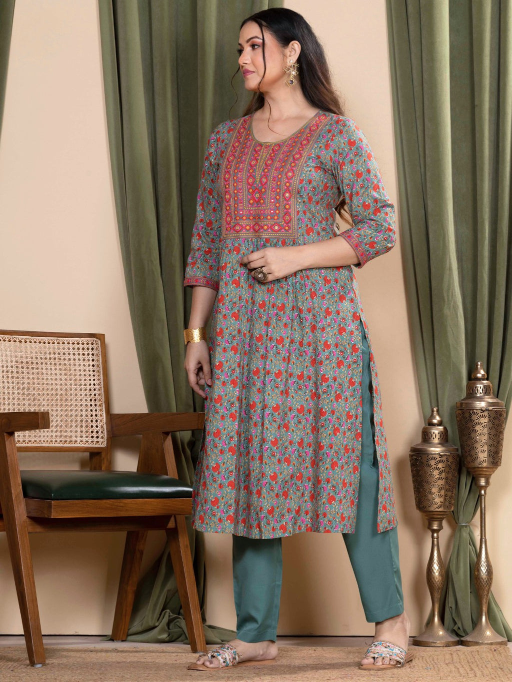 Mint Green Sanganeri Printed Kurta with Embroidered Yoke
