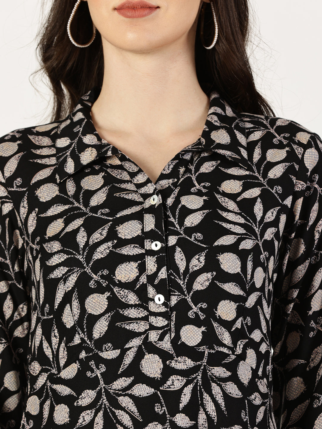 Black Tropical Print Shirt Collar Dress with Elastic Waist Belt