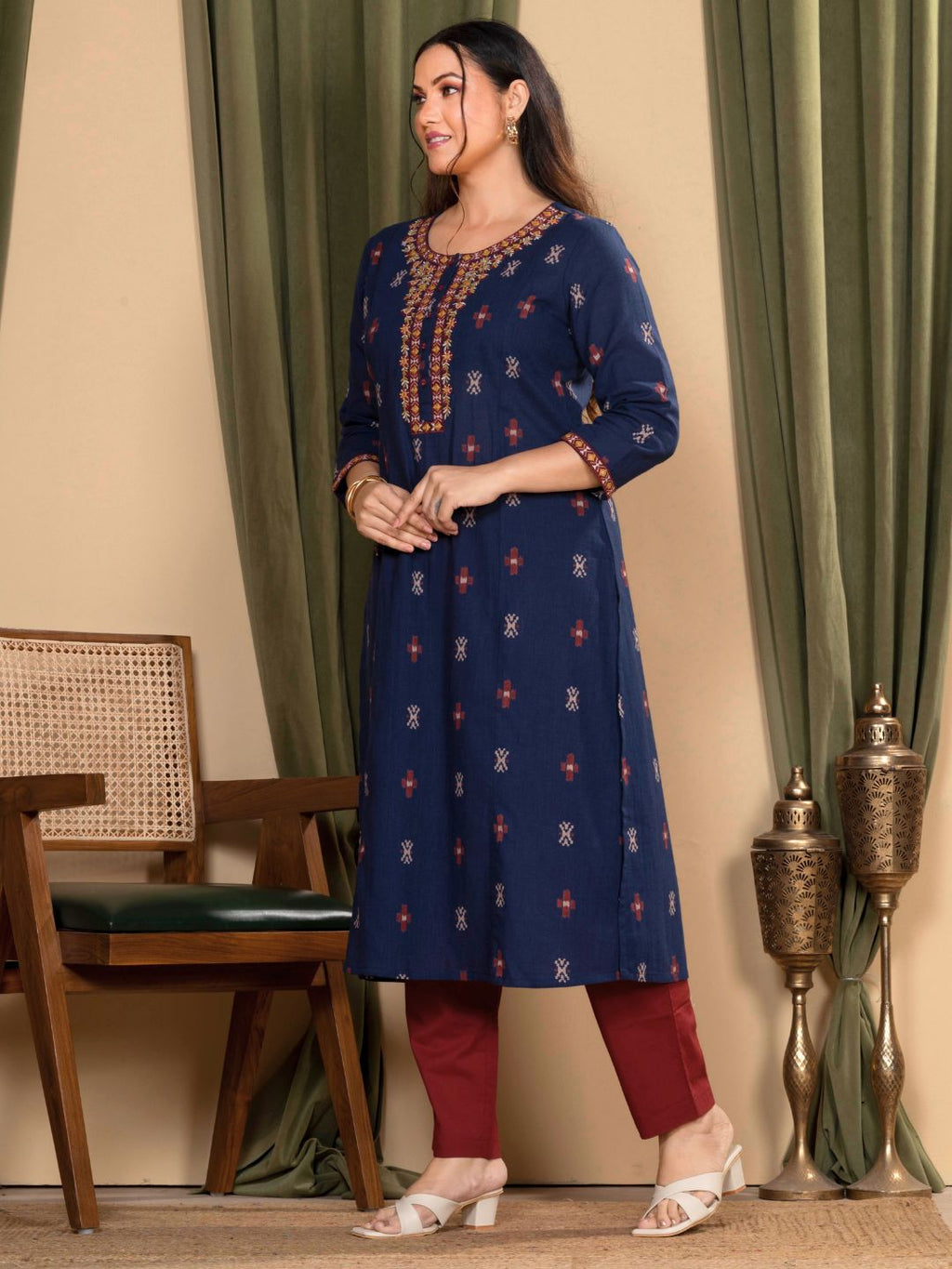Regal Navy Blue Ikat Print Cotton Kurta with Embroidery