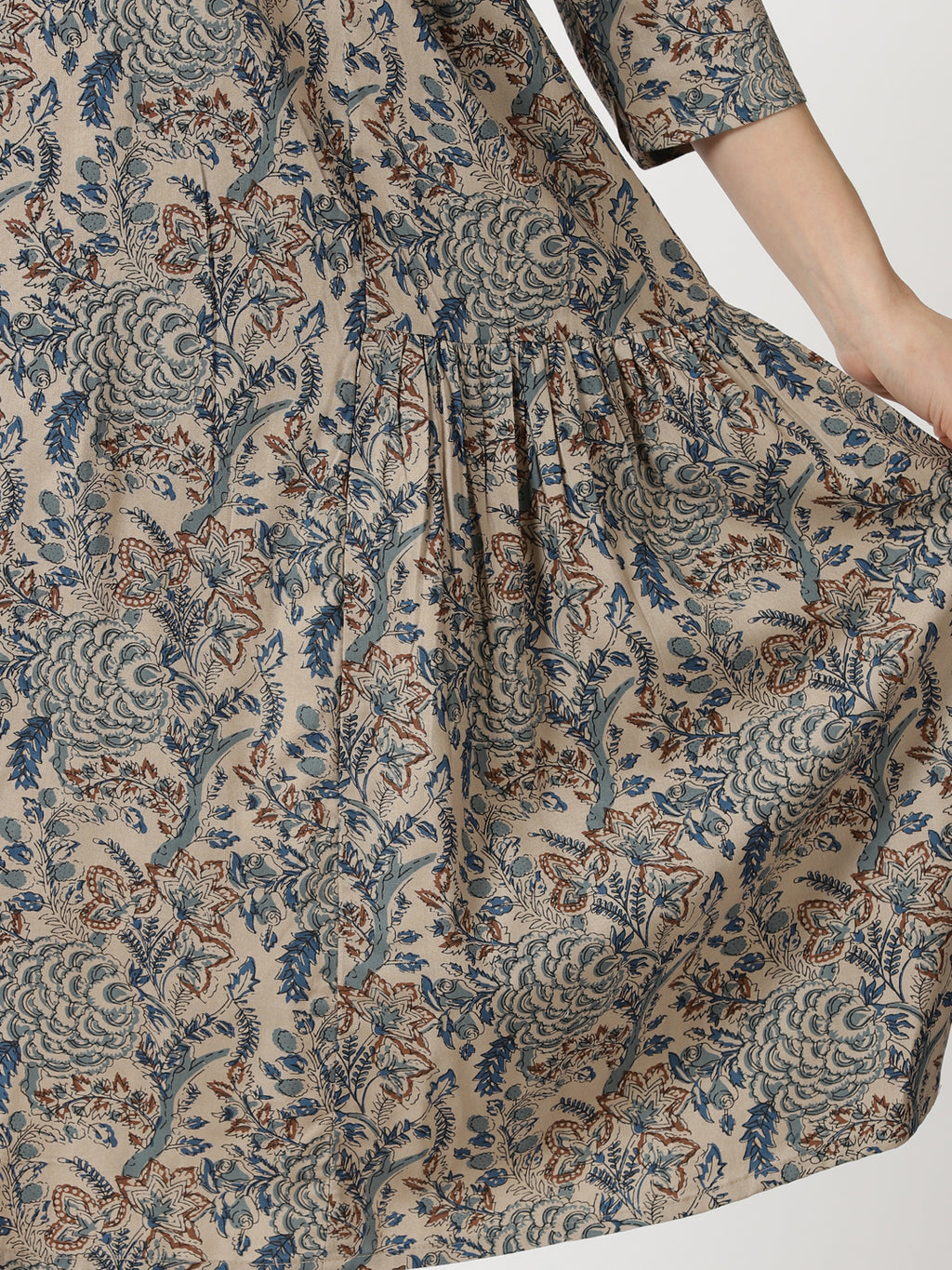 Beige Ethnic Floral Print Rayon Dress with Side Gathers