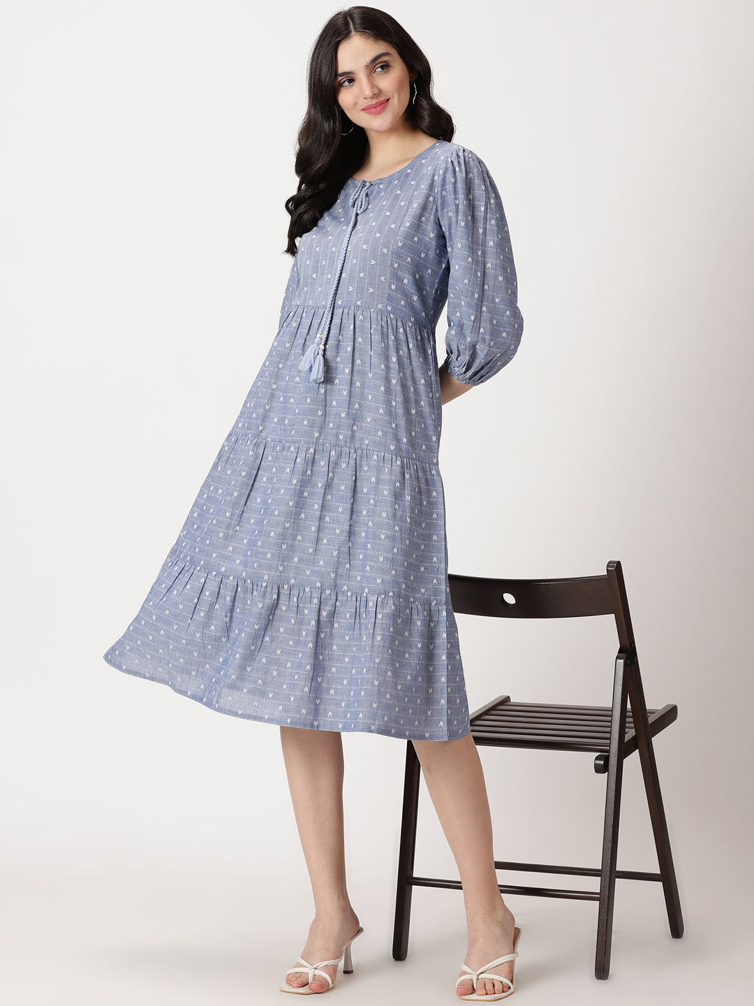 Blue Abstract Woven Design Tiered Midi Dress