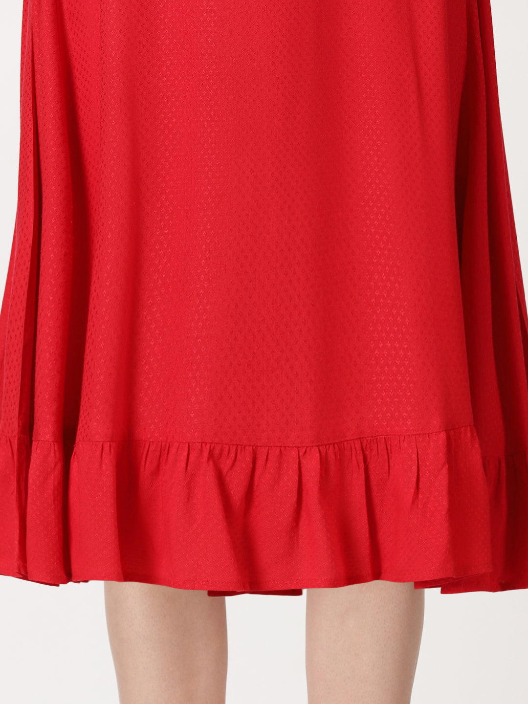 Red Self Design Midi Dress with Flounce Hem
