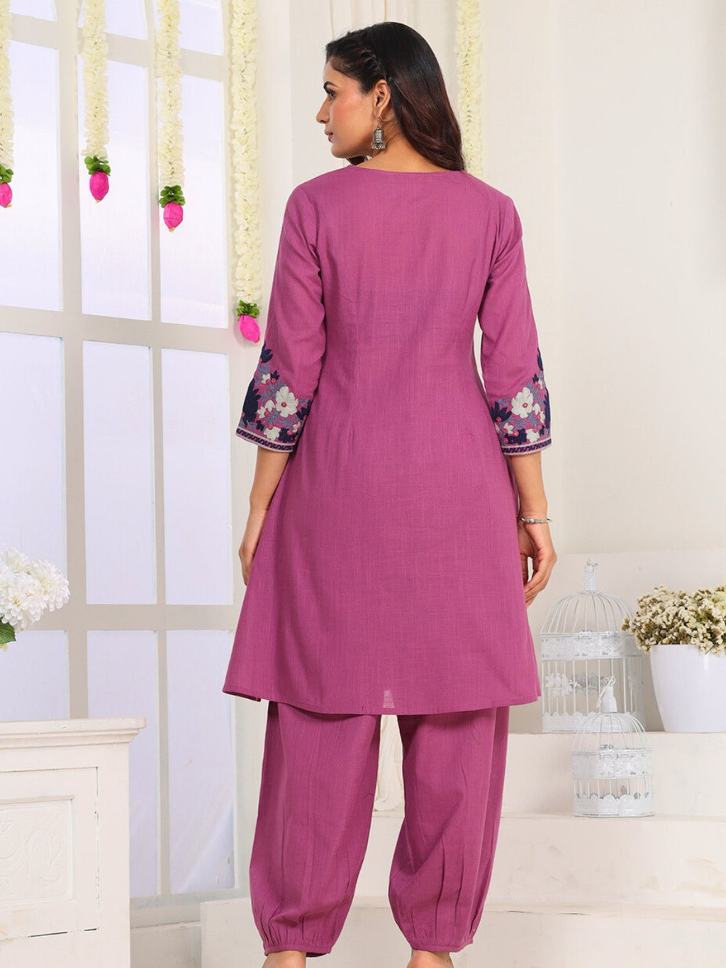 Mulberry Rose Kashida Embroidered A-Line Cotton Kurta Set with Salwar