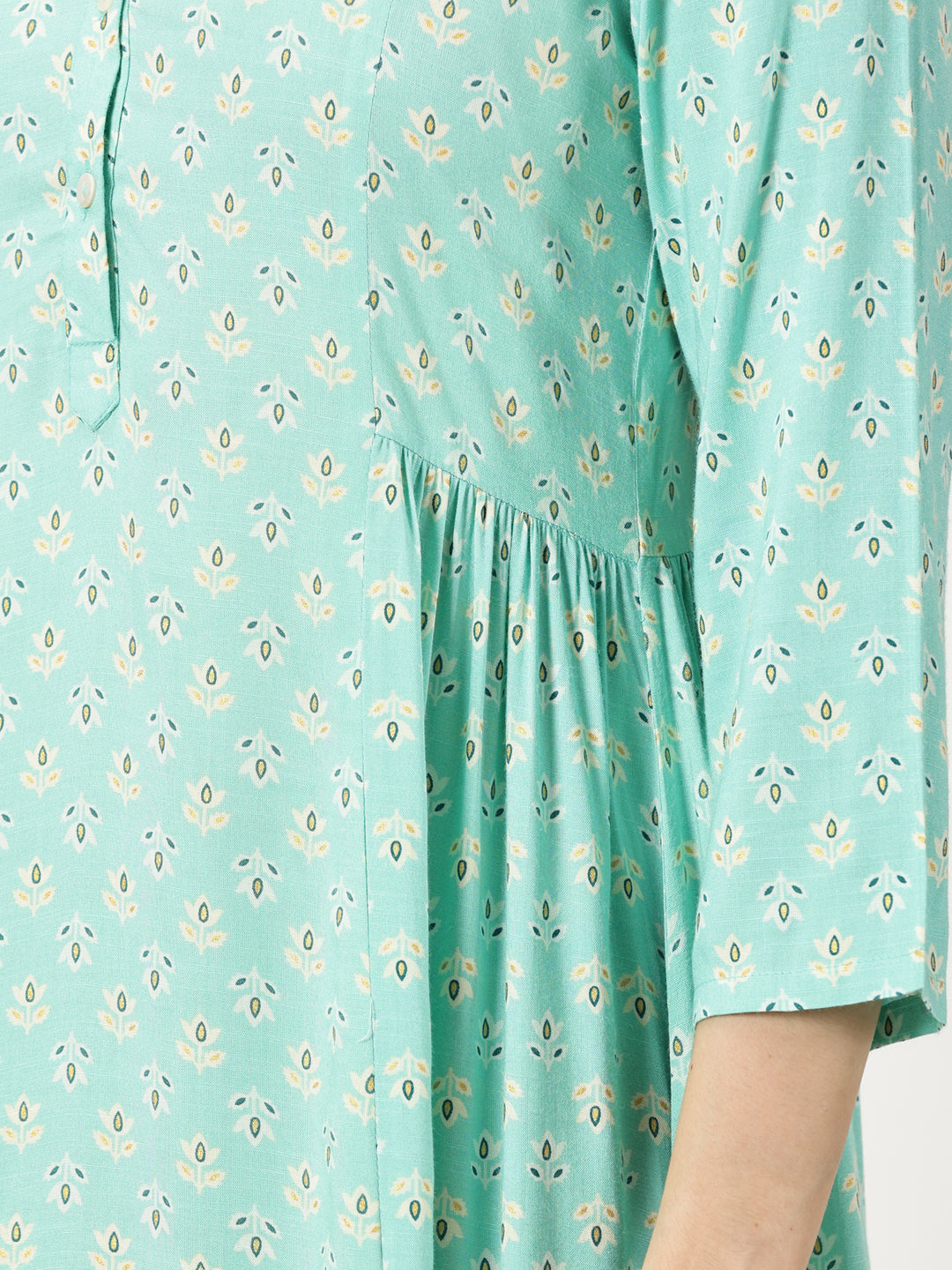 Sea Green Printed Rayon Dress with Side Gathers