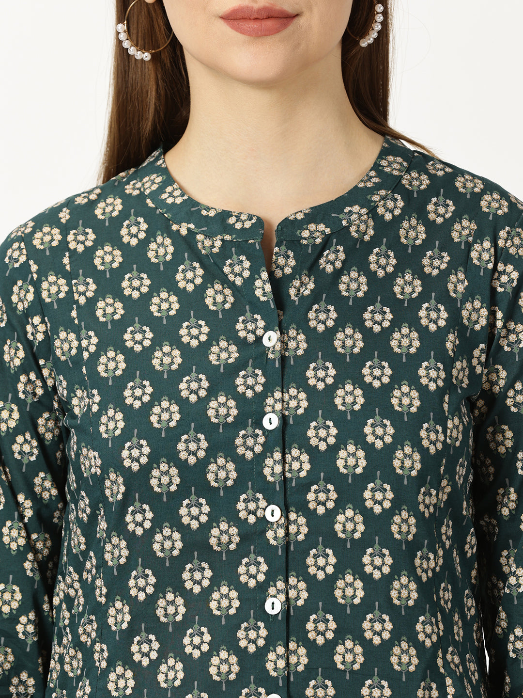 Green Floral Gold Foil Printed Button Down Cotton Kurta