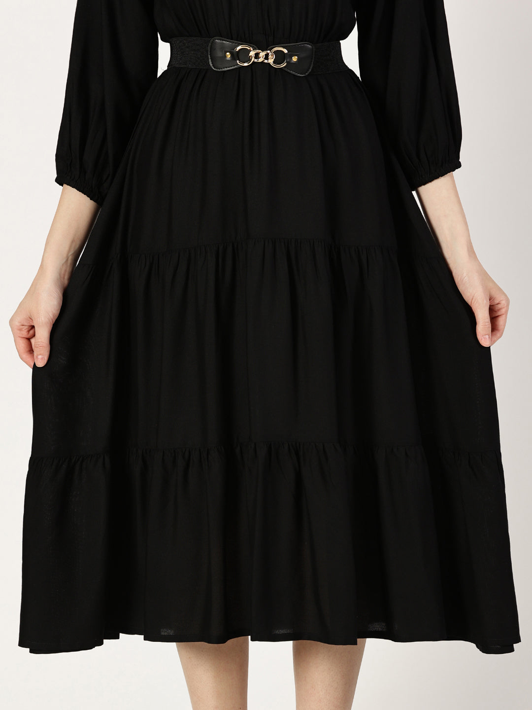 Black Tiered Midi Dress with Elastic Waist Belt