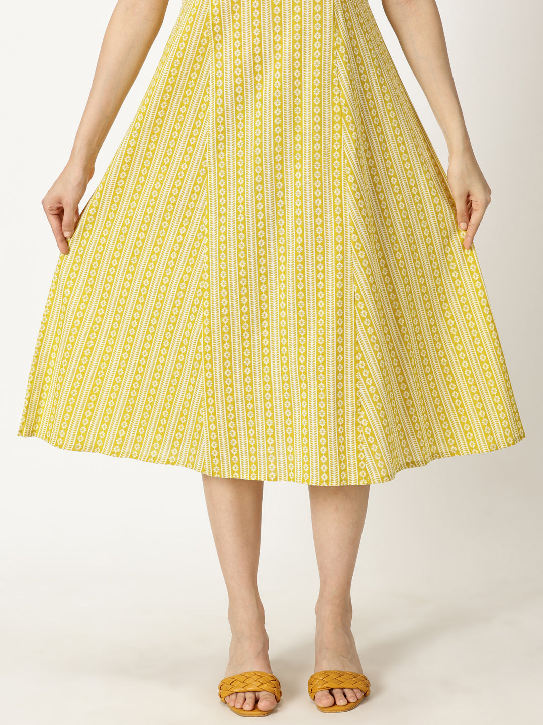 Yellow Panelled Printed Cotton A-line Dress