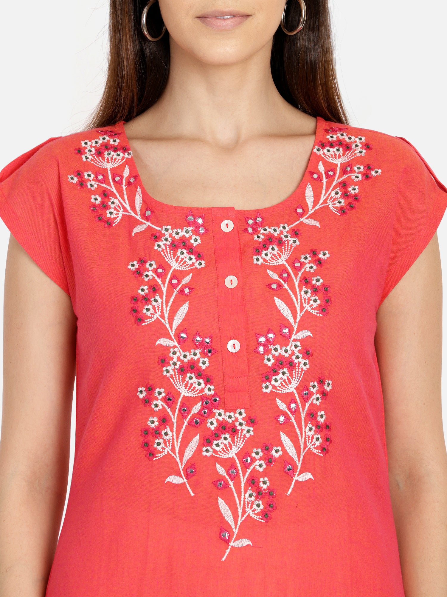 Coral Cotton Embroidered Neck Kurta