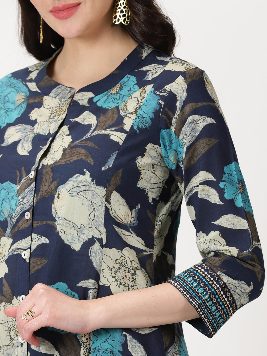 Navy Blue Floral Print Button-Down Kurta