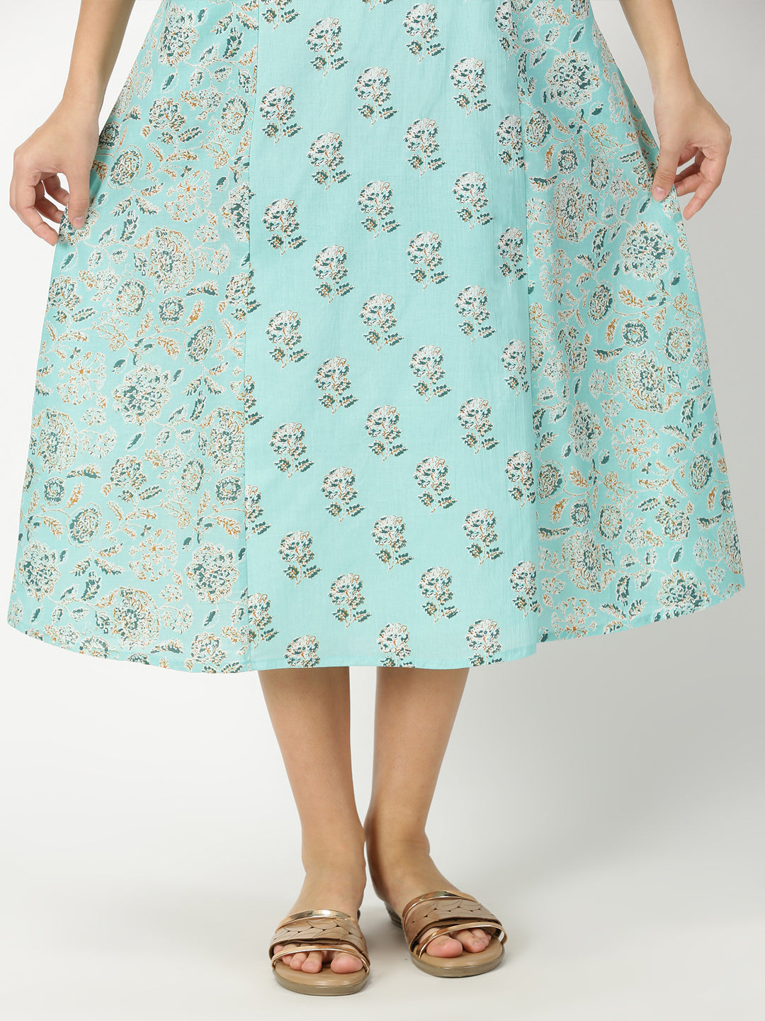 Turquoise Blue Floral Print Panelled Midi Dress