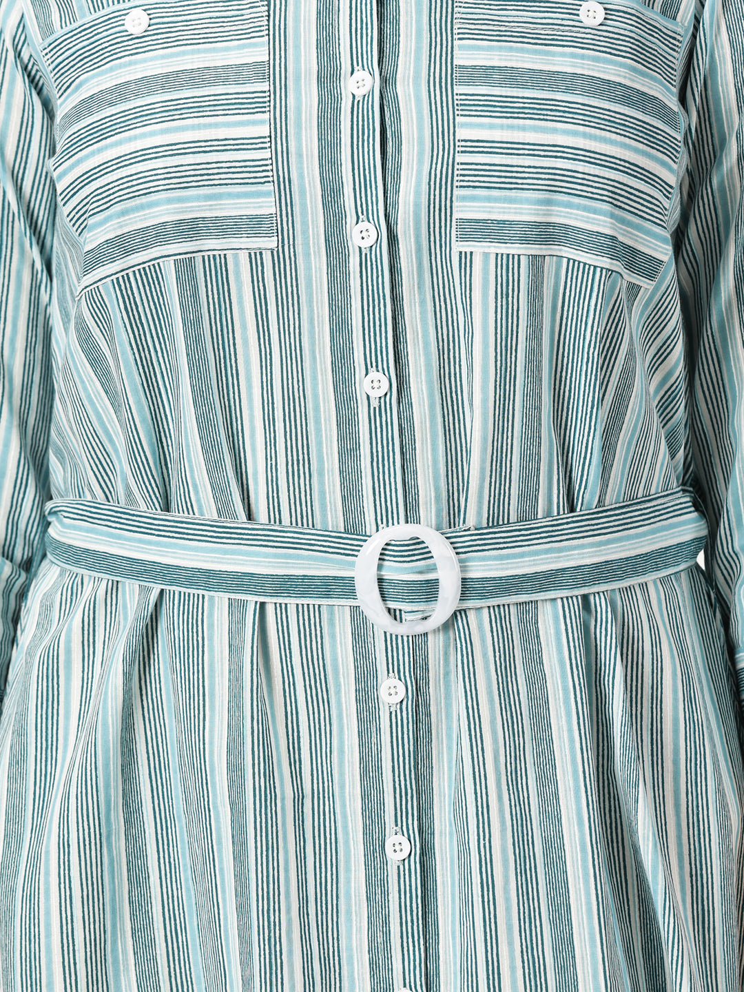 Blue Striped Print Cotton Dress with Belt Buckle