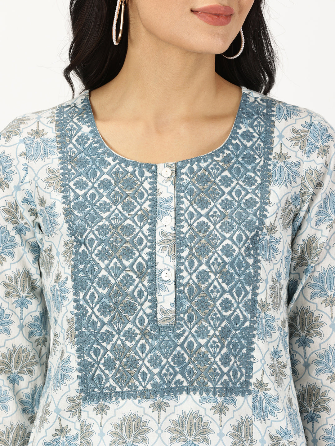 White-Blue Lotus Print Kurta with Yoke Embroidery