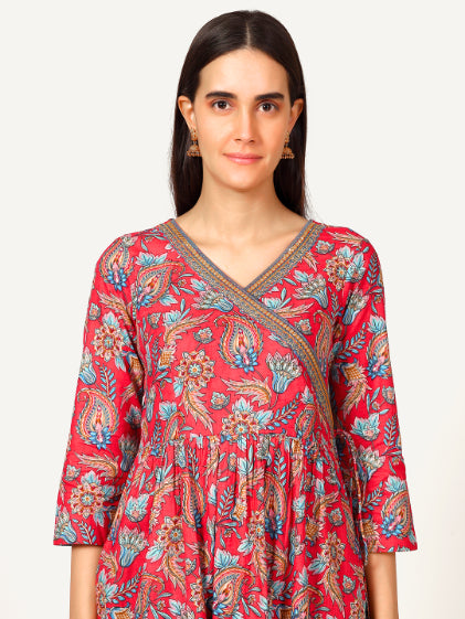 Red Paisley Print Angrakha Kurta with Mirror Embroidery and Gathers
