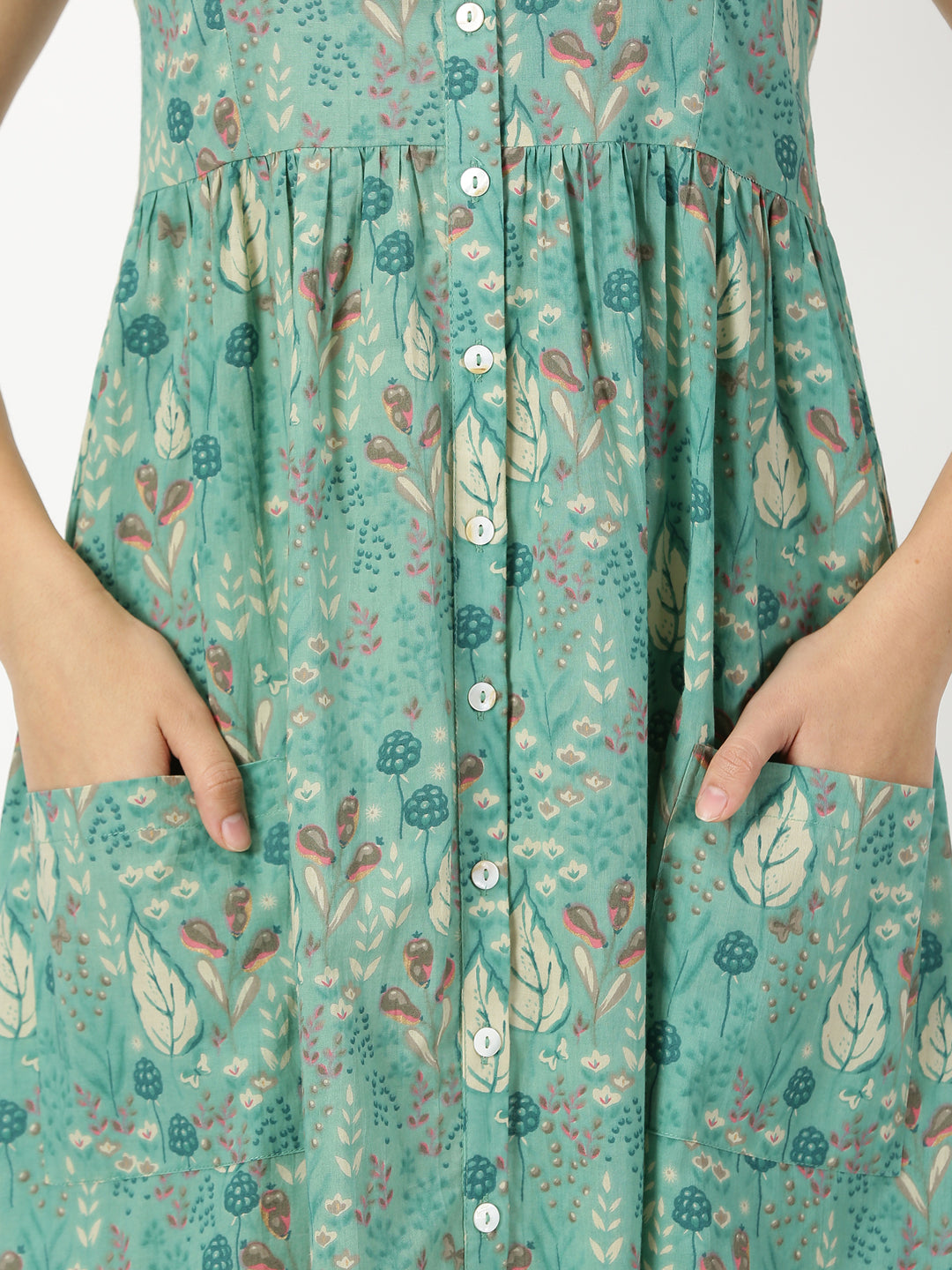 Green Leaf Print Strappy Midi Dress
