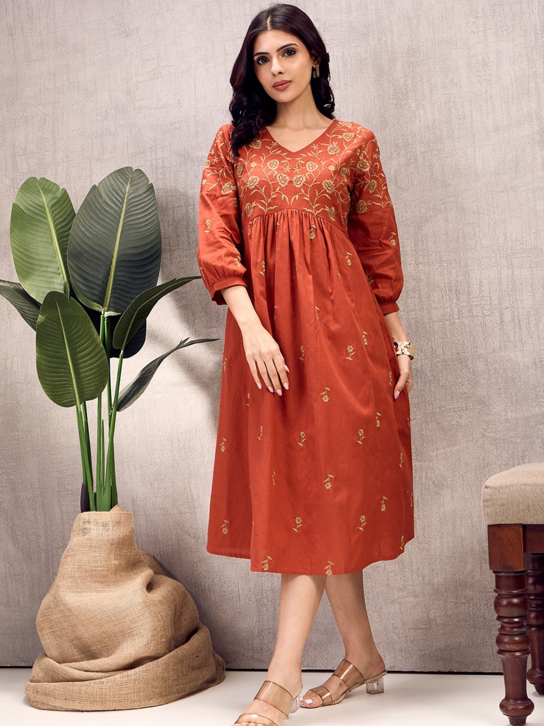 Burnt Orange Boho Embroidered Dress