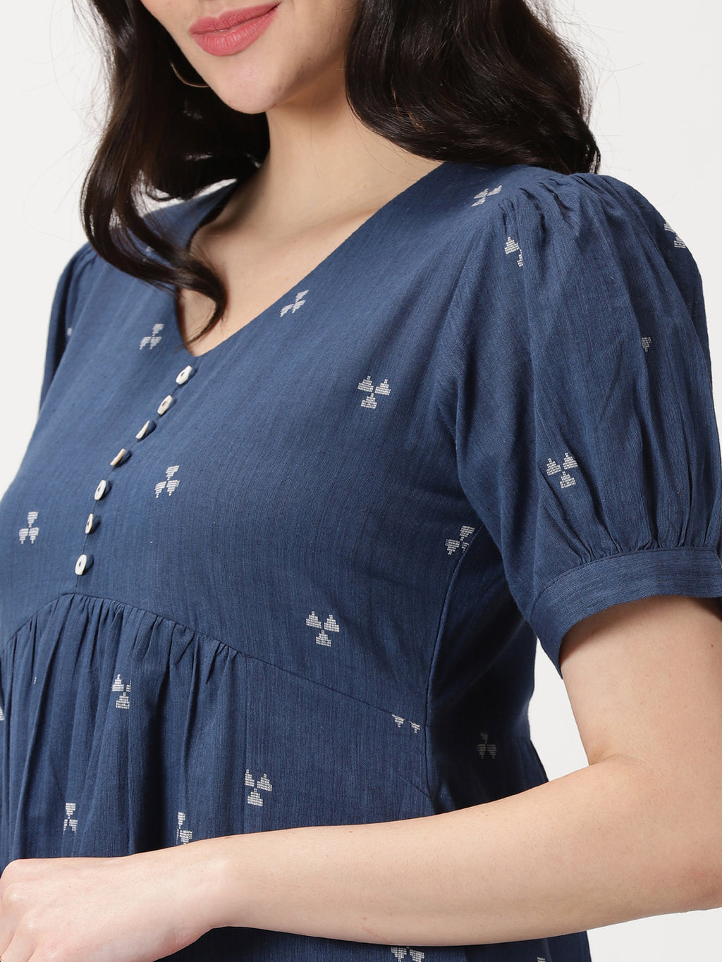 Navy Blue Woven Design Cotton Midi Dress