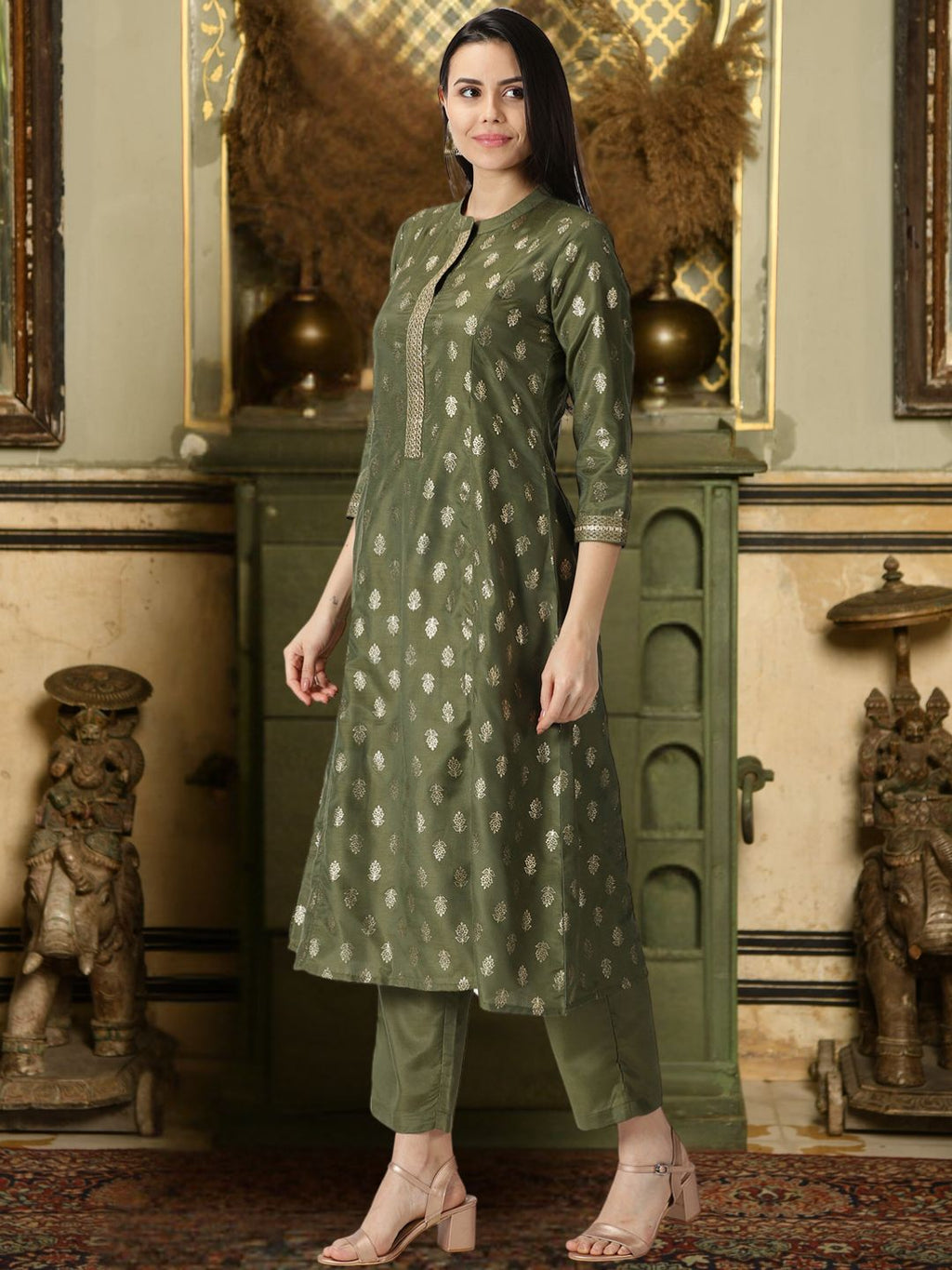 Olive Green Ethnic Motifs Gold Printed Kurta with Trousers & Dupatta