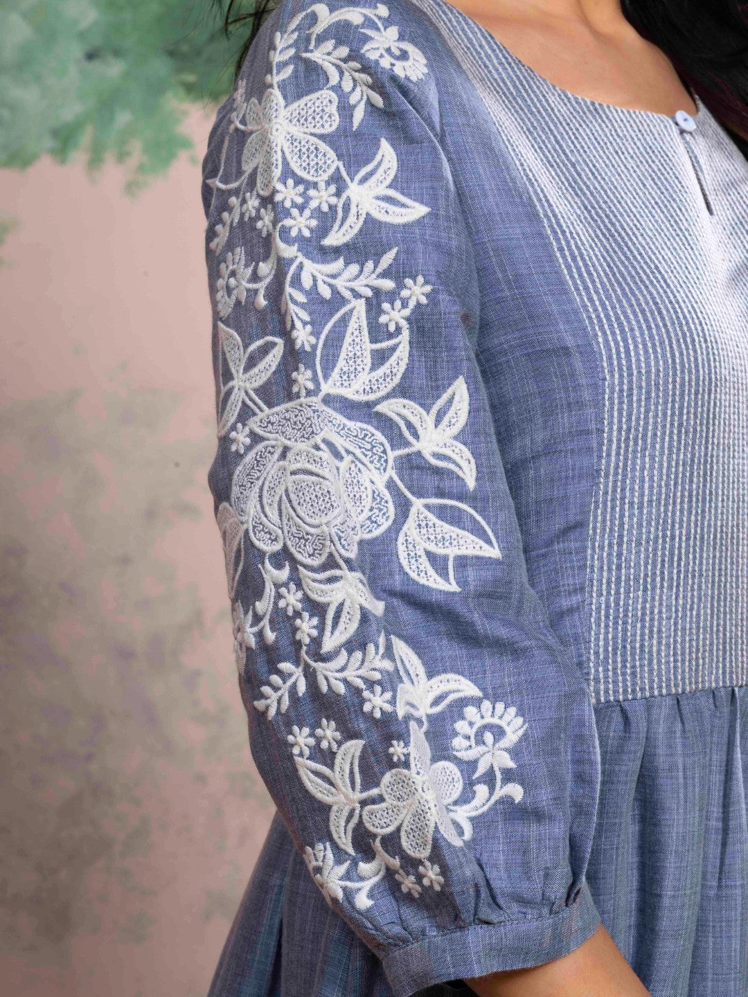 Shadow Blue Chambray Floral Embroidered Tiered Dress