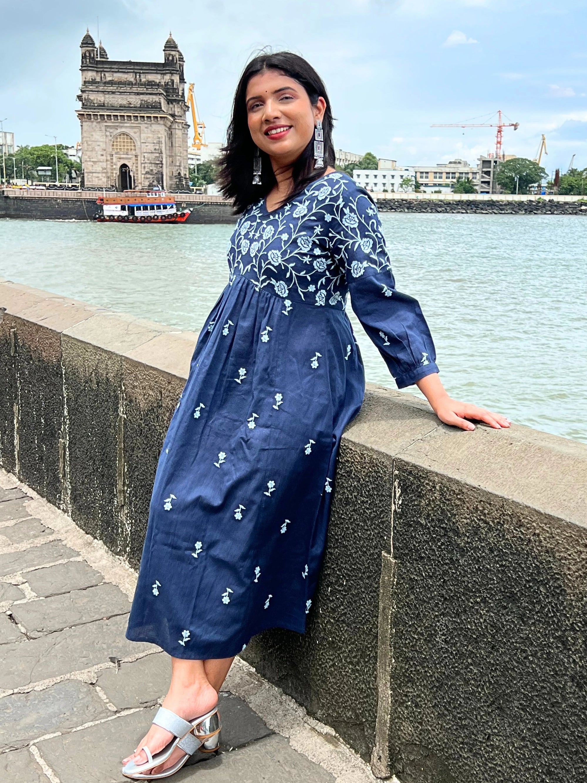 Navy Blue Boho Embroidered Midi Dress