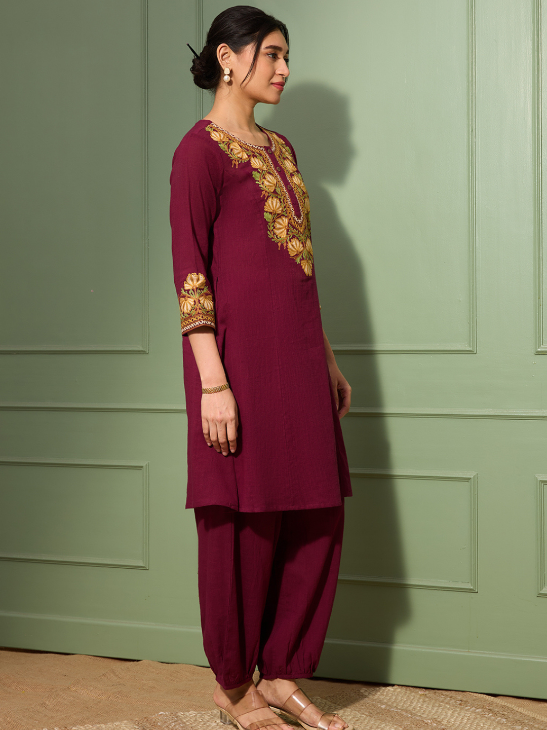 Merlot Wine Kashida Embroidered A-Line Cotton Kurta Set with Afghani Salwar