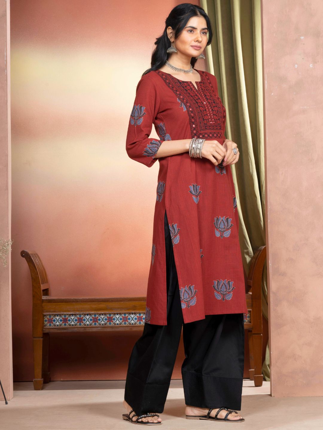 Rust Cotton Motif Print Straight Kurta with Embroidered Neckline