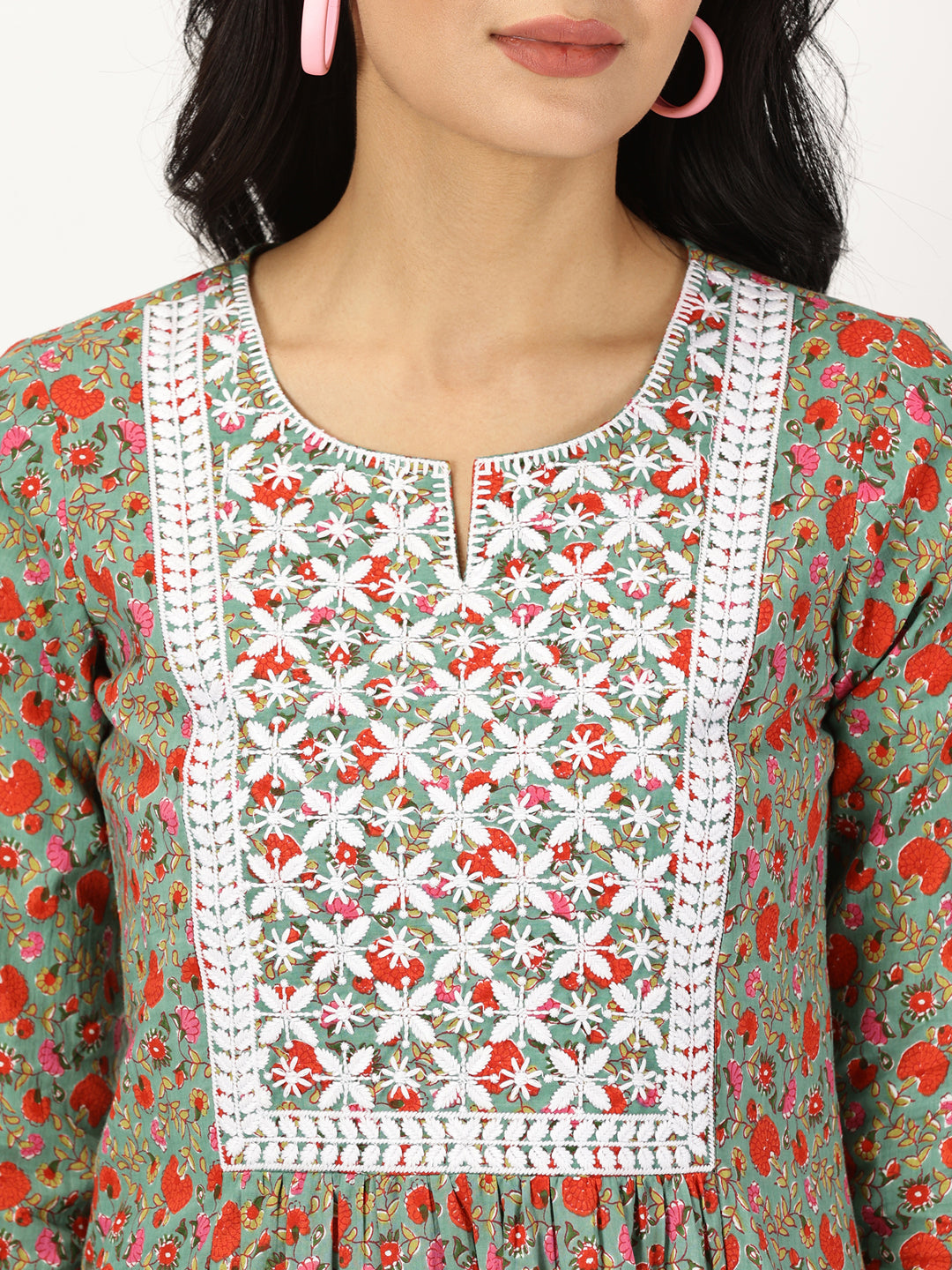 Green Floral Print Kurta with Chikankari Embroidery