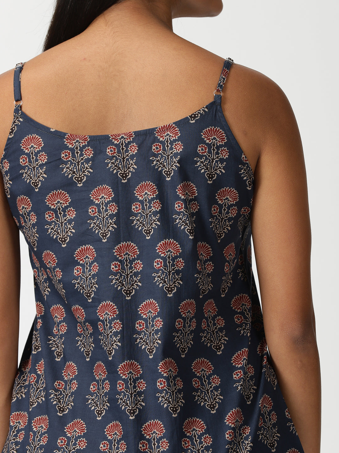 Navy Blue Dahlia Print Button-Down Strappy Top