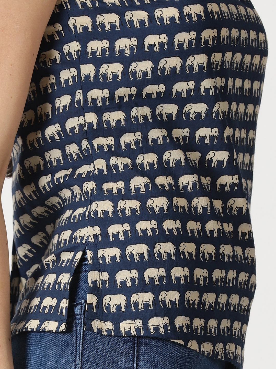 Navy Blue Elephant Print Cotton Tank Top