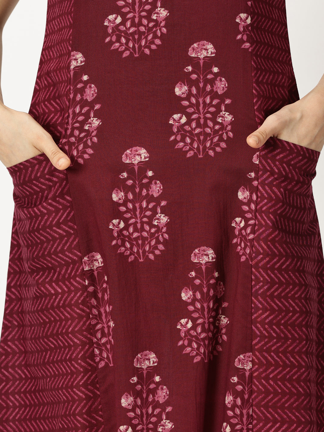 Wine Ethnic Motifs Panelled Printed Cotton Dress