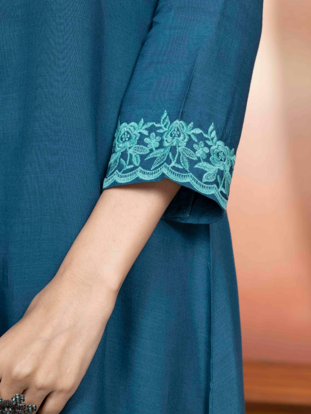 Transformative Teal Embroidered A-Line Kurta with Farshi Salwar