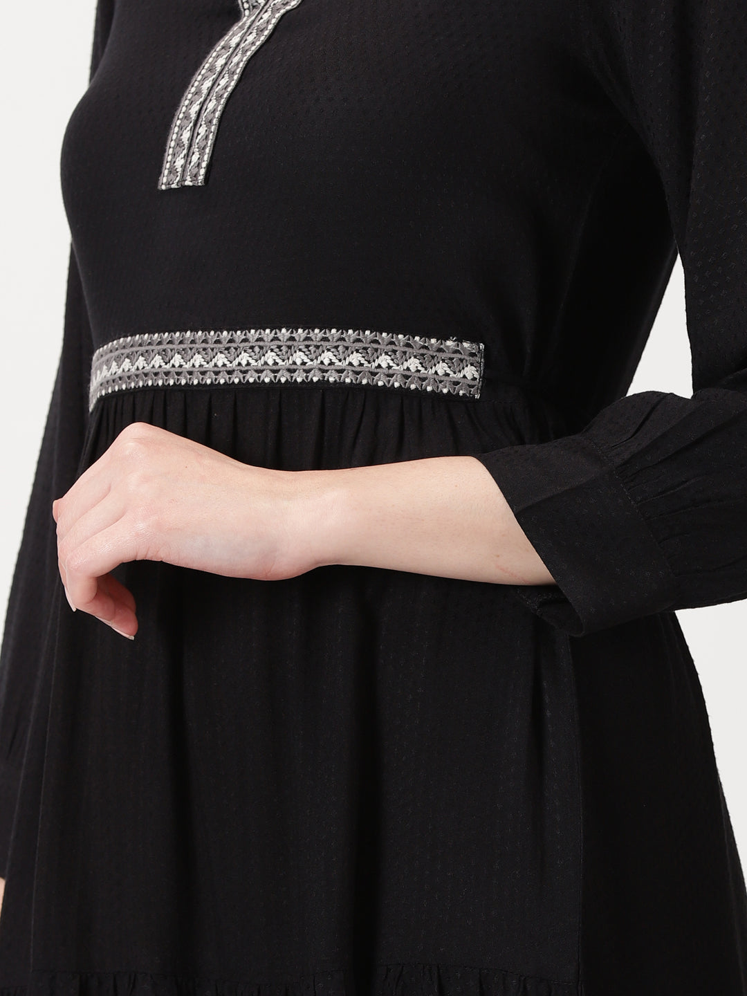Black Self Design Tiered Midi Dress with Waist Tie-up