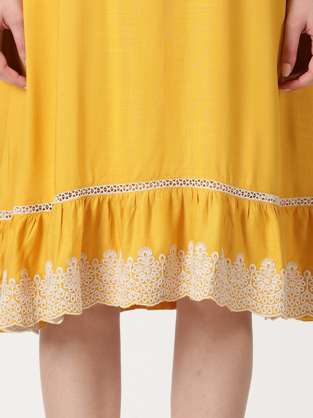 Yellow Solid Midi Dress with Lace Embroidered Details