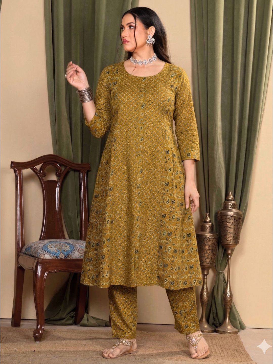 Mustard Printed A-Line Cotton Kurta