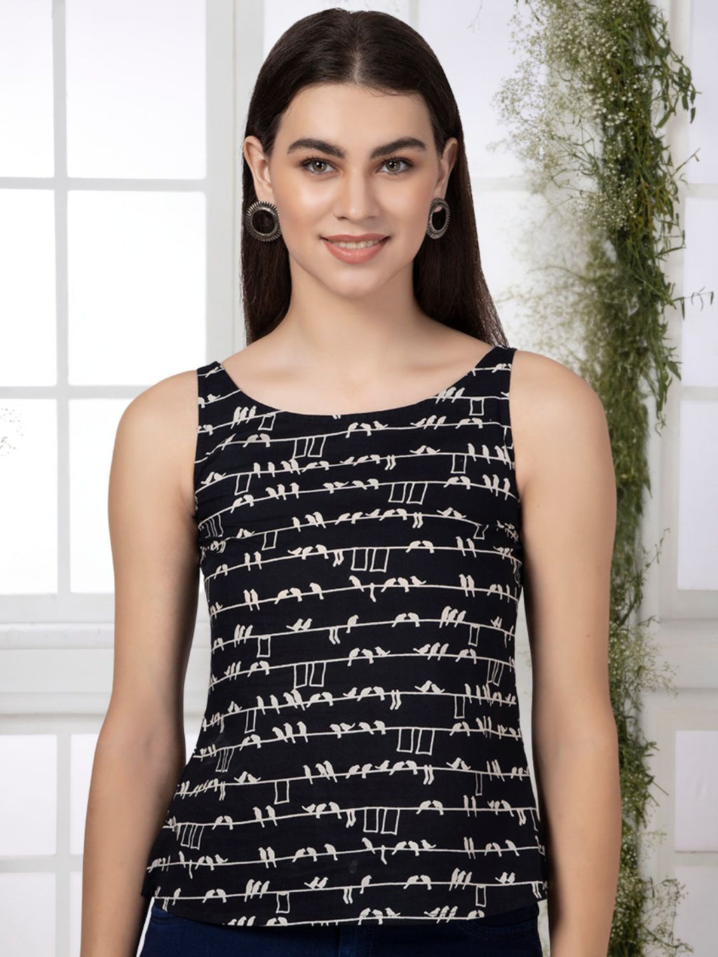 Black Bird Printed Sleeveless Top with Back Button-Down Placket