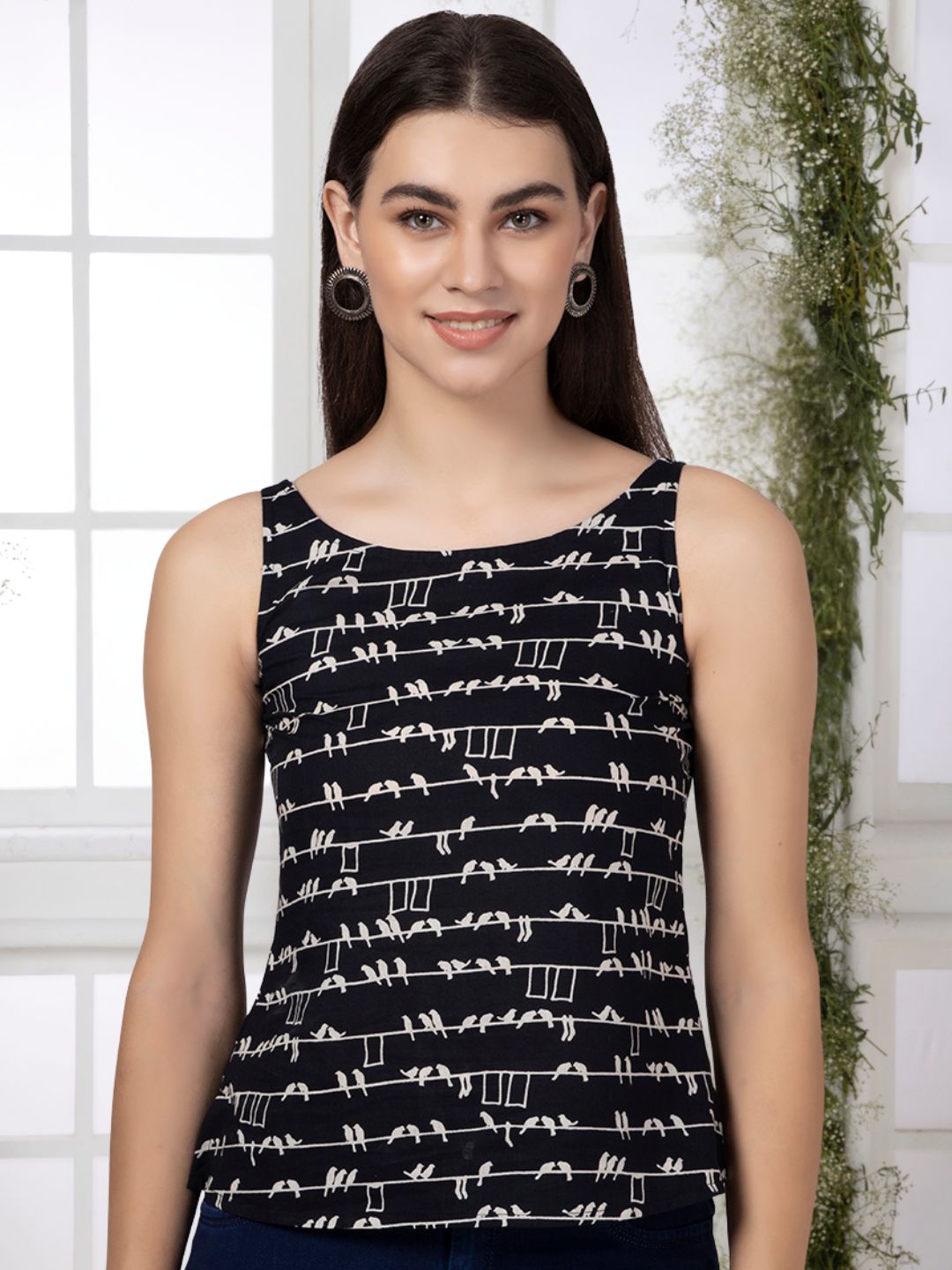 Black Bird Printed Sleeveless Top with Back Button-Down Placket