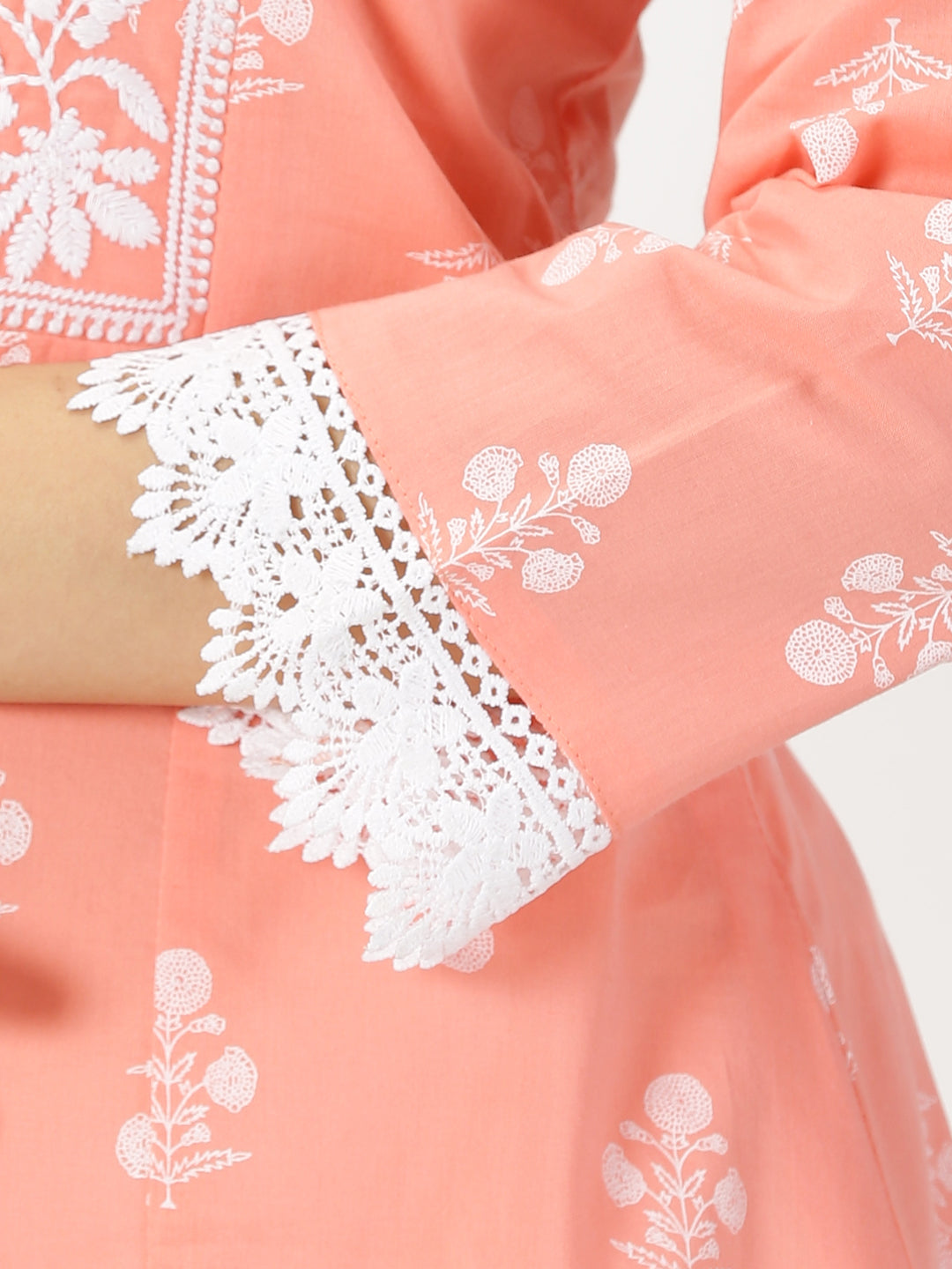 Peach Floral Print Kurta with Chikankari Embroidery